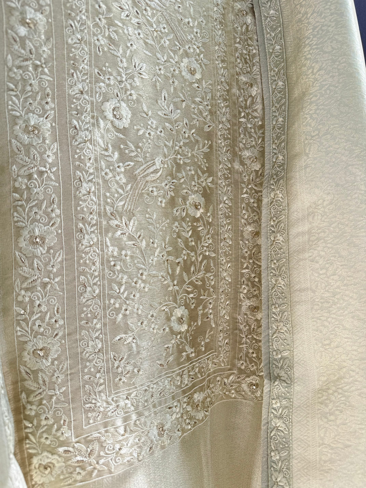 Luxurious Tissue brocade Parsi embroidered suit