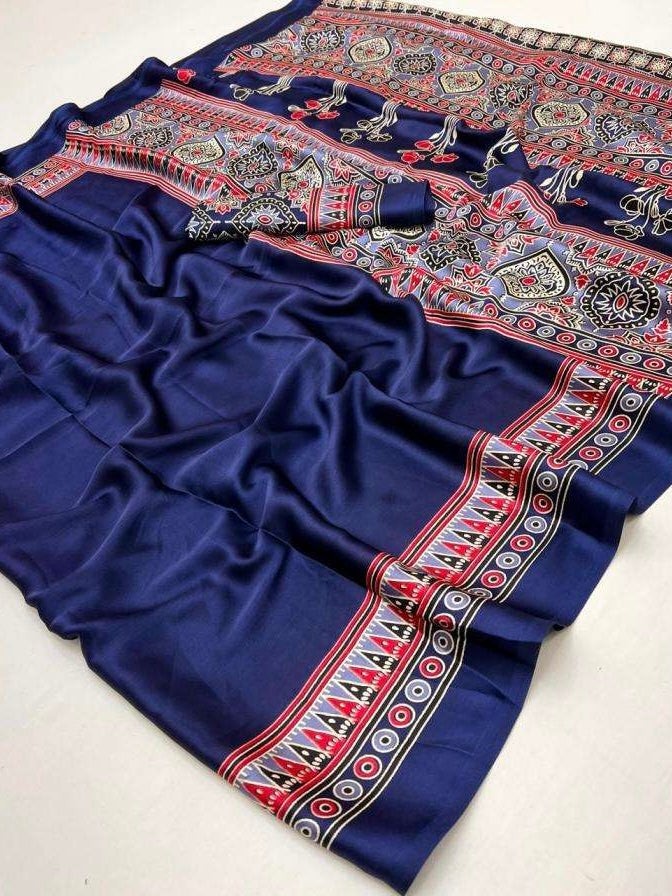 Satin crepe Ajrakh printed saree