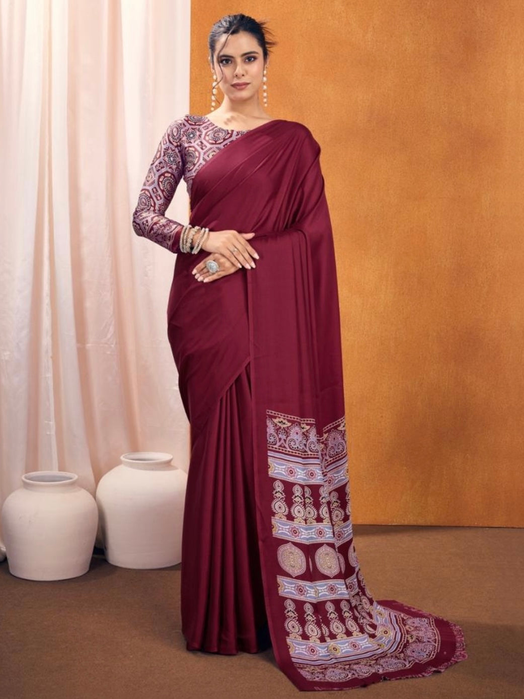 Satin crepe Ajrakh printed saree