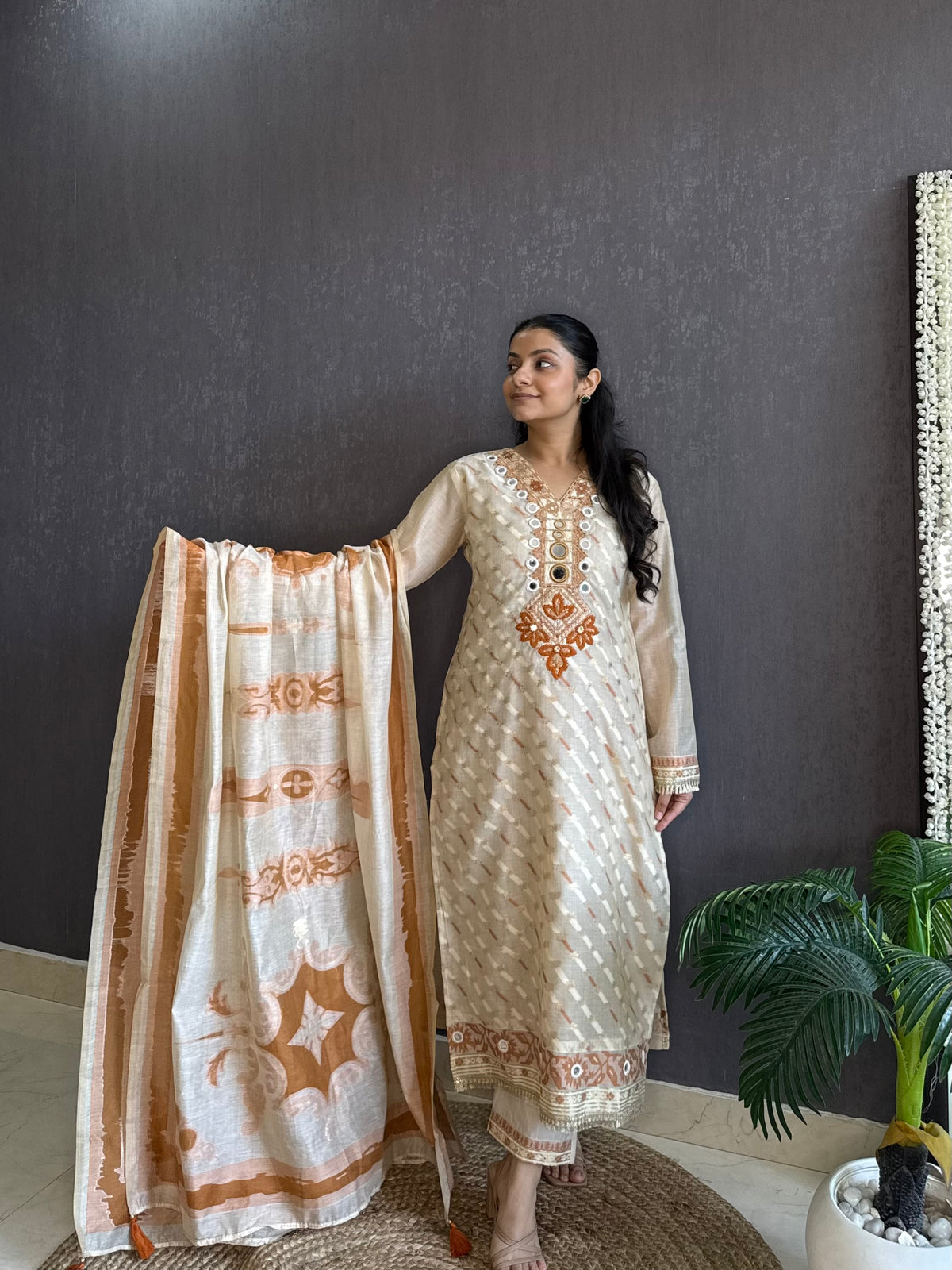 Chanderi Jamdani mirror handwork suit