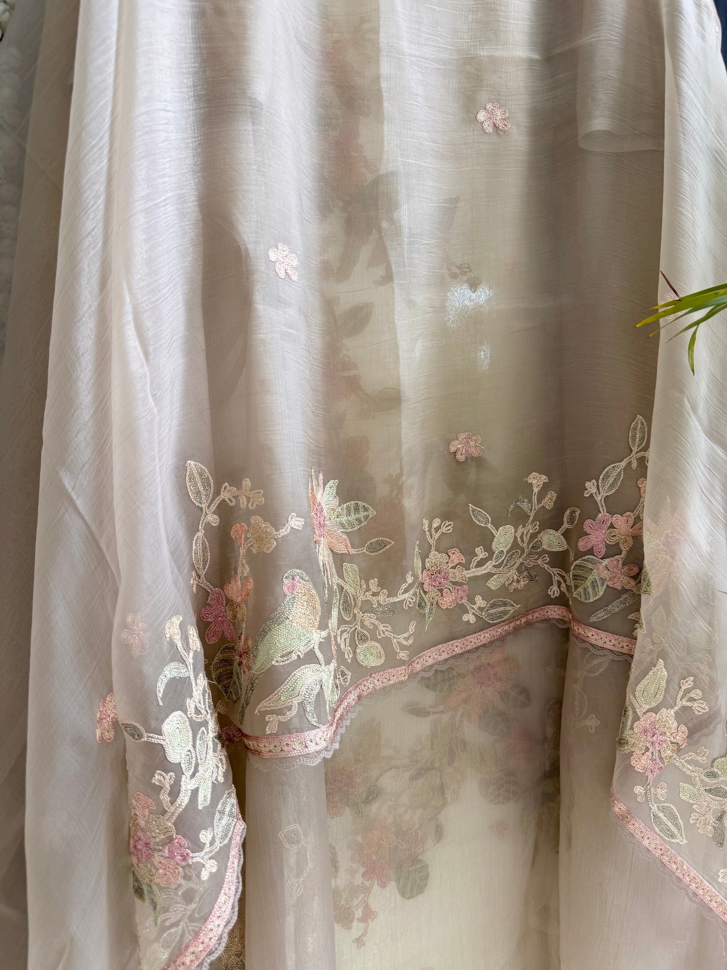 Crush tissue handwork birds and florals suit