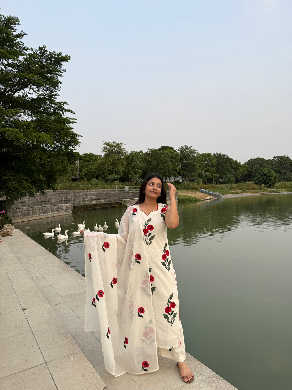 Cotton floral embroidered suit set