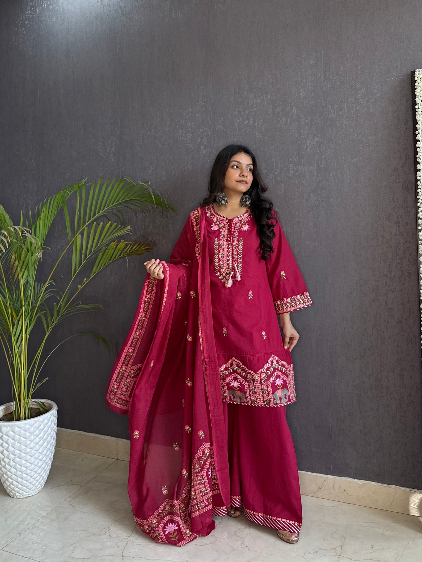 Premium mul cotton elephant and lotus embroidered suit