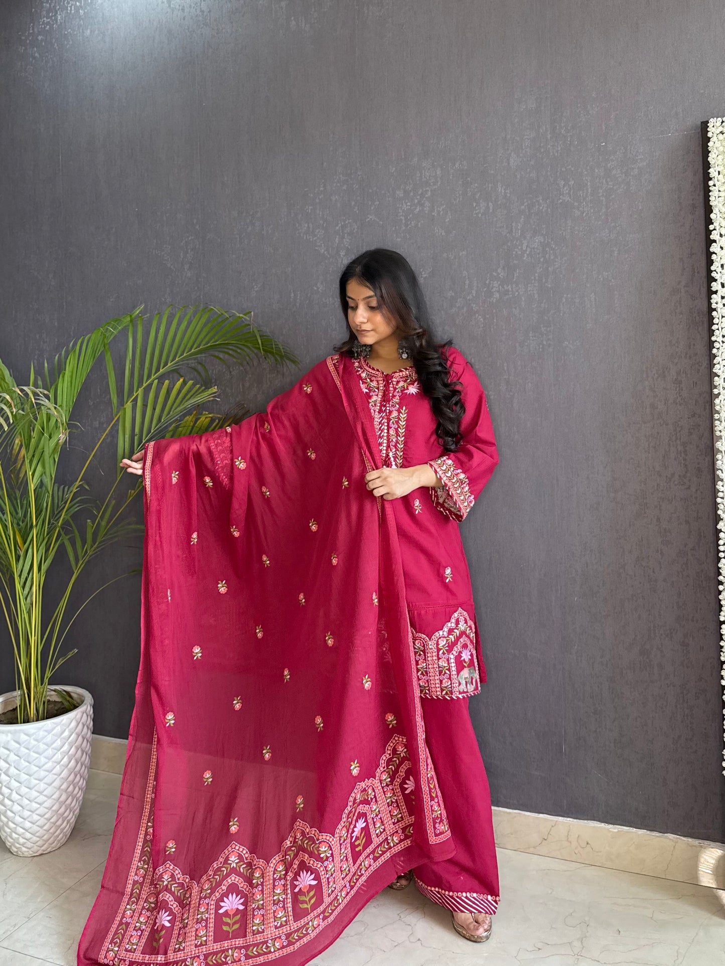 Premium mul cotton elephant and lotus embroidered suit