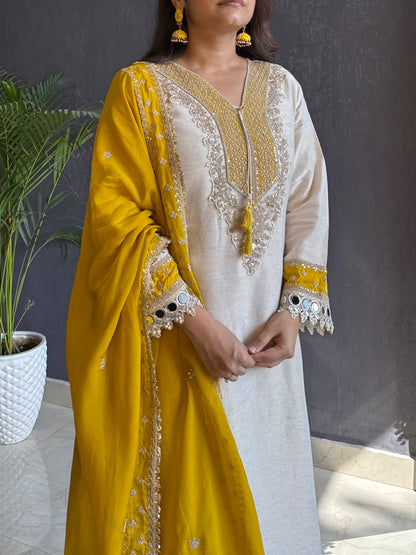 Tissue silk aari and mirrorwork suit set