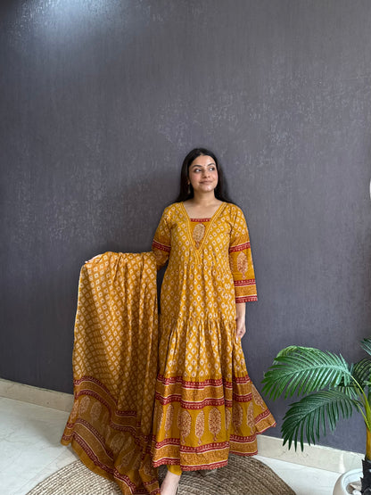 Pure cotton blockprinted tiered Anarkali