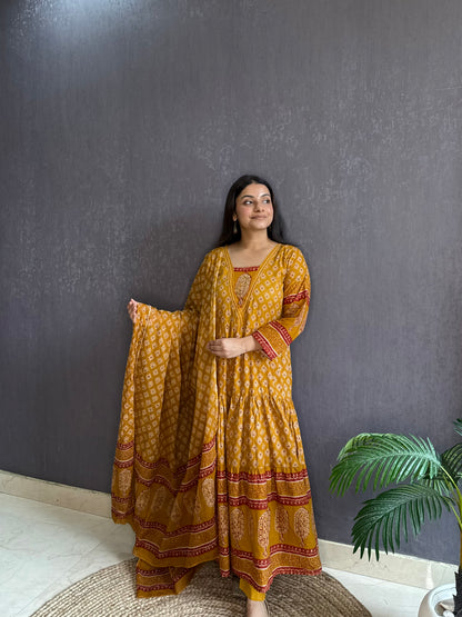 Pure cotton blockprinted tiered Anarkali