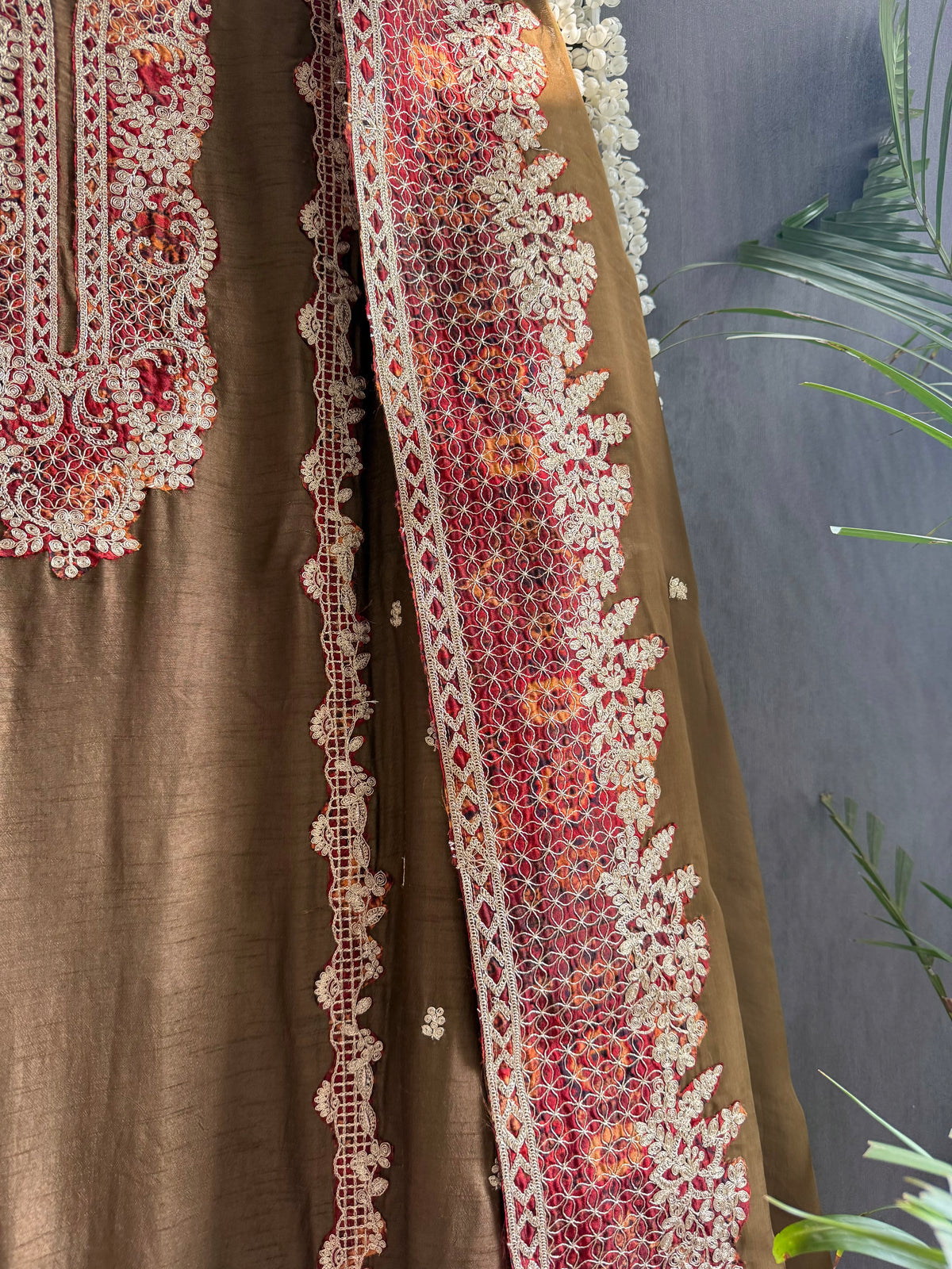 Luxurious raw silk aari work suit