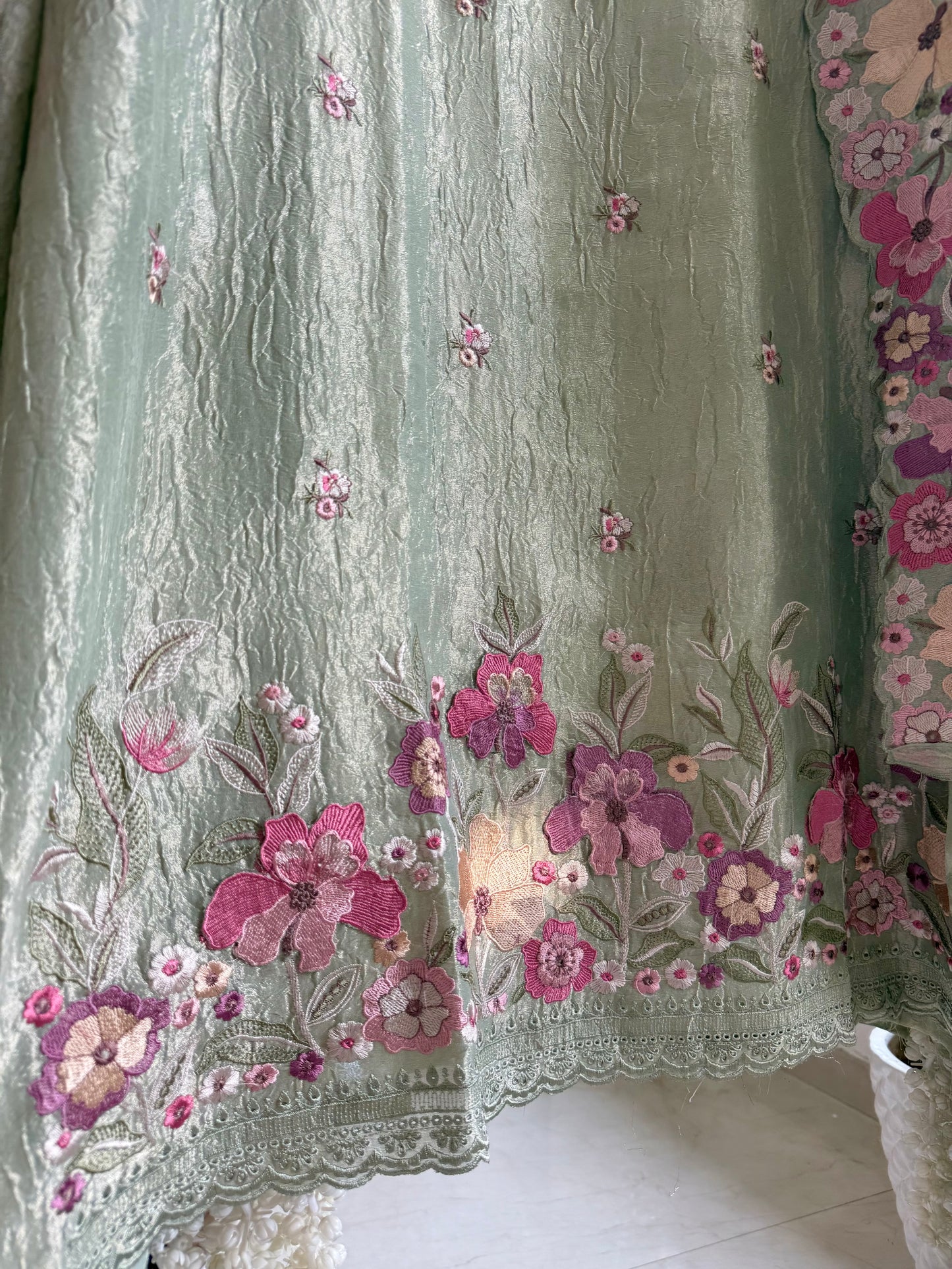 Luxurious Mul chanderi appliqué work floral suit