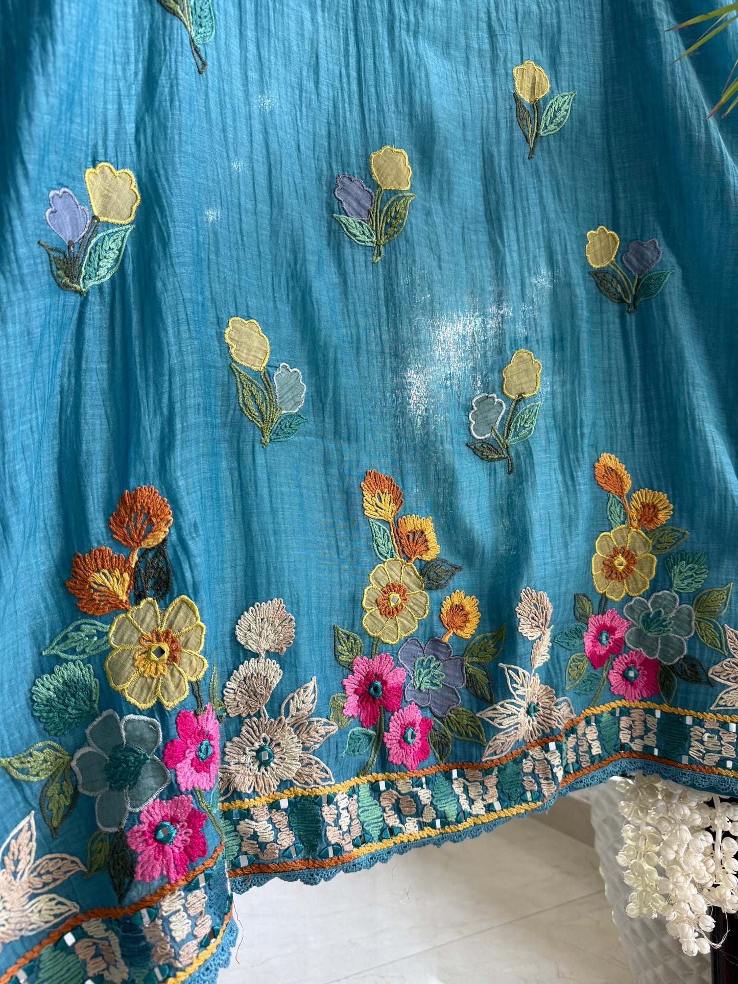 Luxurious Mul chanderi appliqué mirror work suit
