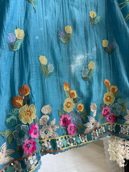 Luxurious Mul chanderi appliqué mirror work suit