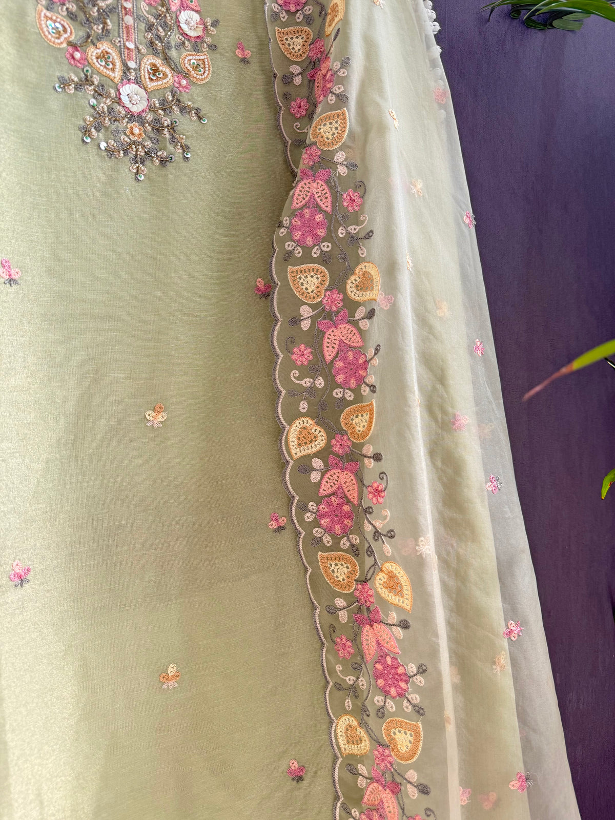 Premium tissue silk hand embroidered suit