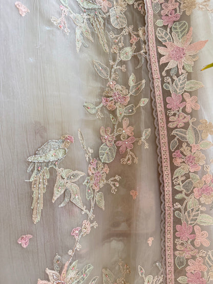 Crush tissue handwork birds and florals suit