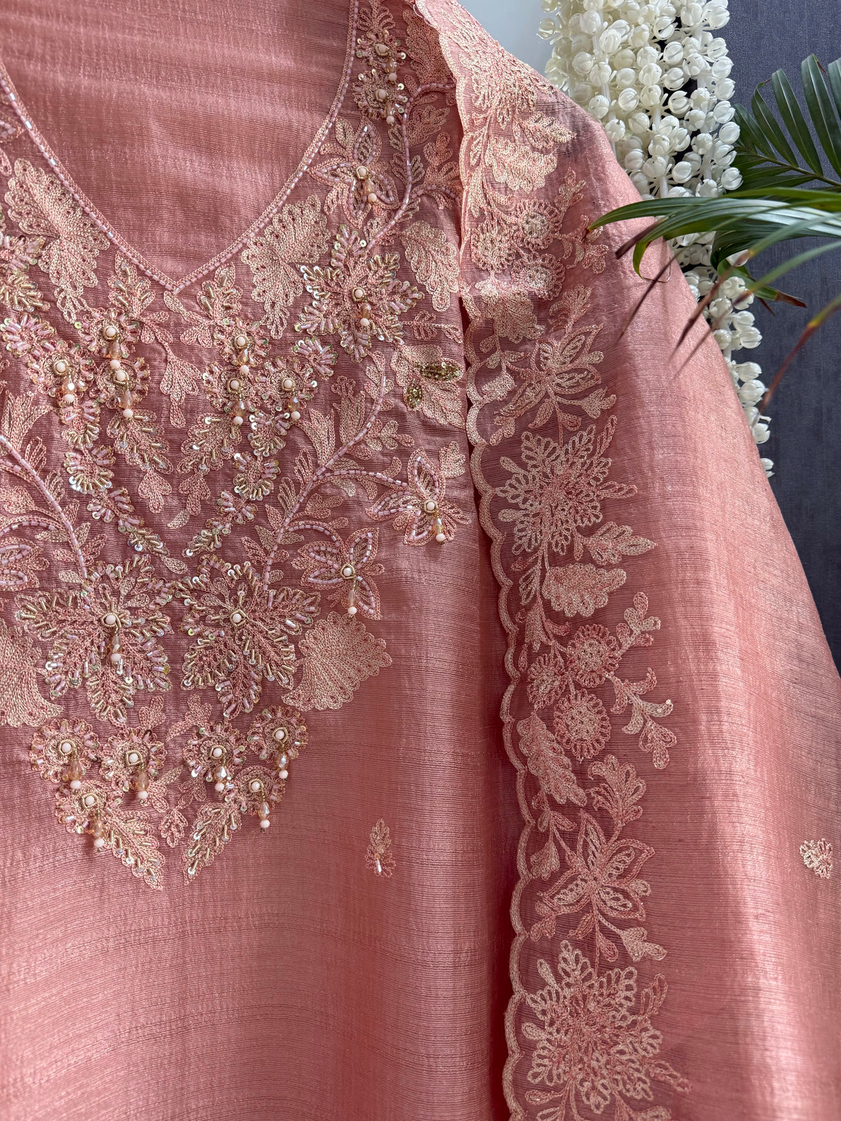 Tussar tissue handwork aari suit