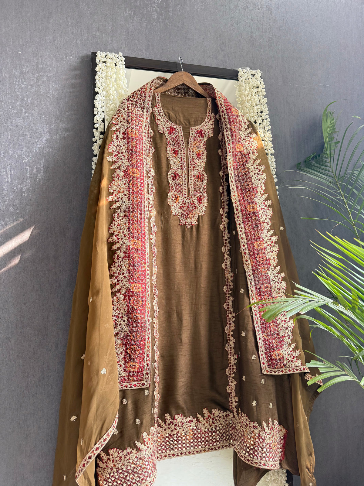 Luxurious raw silk aari work suit