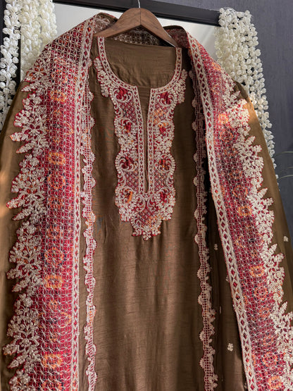 Luxurious raw silk aari work suit