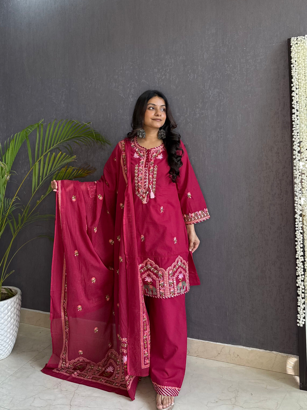 Premium mul cotton elephant and lotus embroidered suit