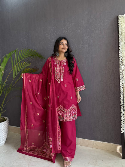 Premium mul cotton elephant and lotus embroidered suit
