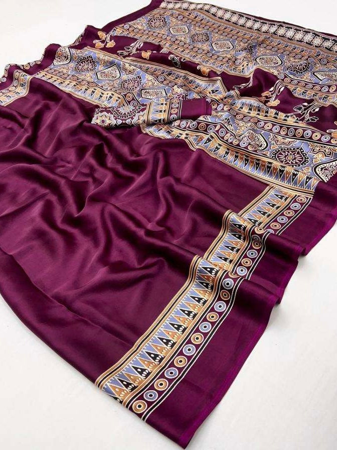 Satin crepe Ajrakh printed saree