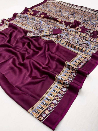 Satin crepe Ajrakh printed saree