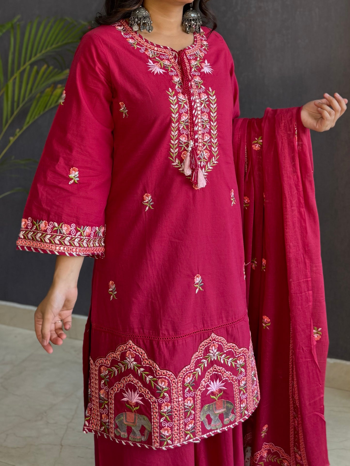 Premium mul cotton elephant and lotus embroidered suit