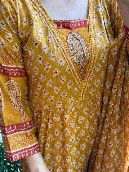 Pure cotton blockprinted tiered Anarkali