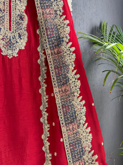 Luxurious raw silk aari work suit