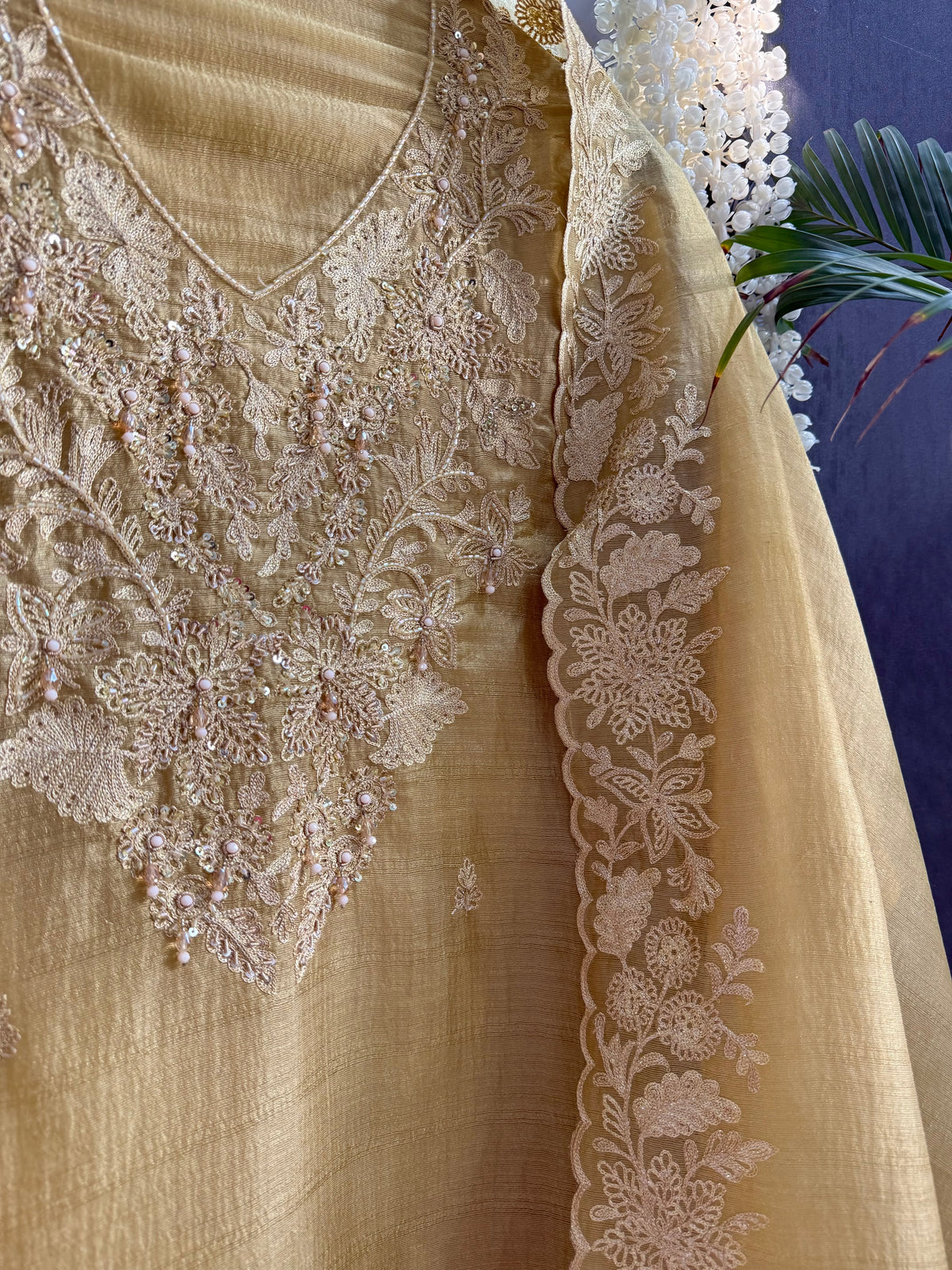 Tussar tissue handwork aari suit