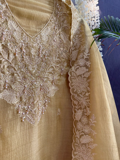Tussar tissue handwork aari suit