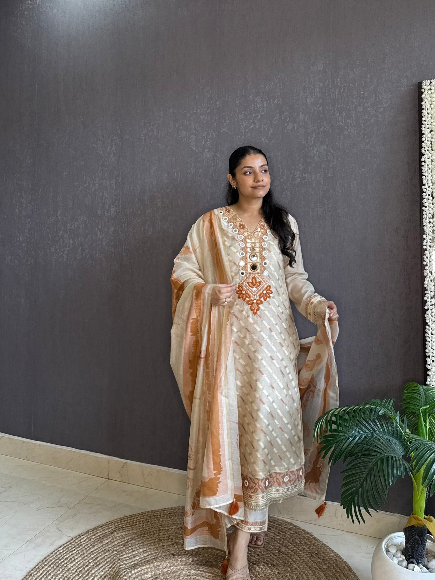 Chanderi Jamdani mirror handwork suit