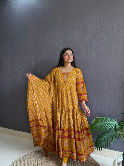 Pure cotton blockprinted tiered Anarkali