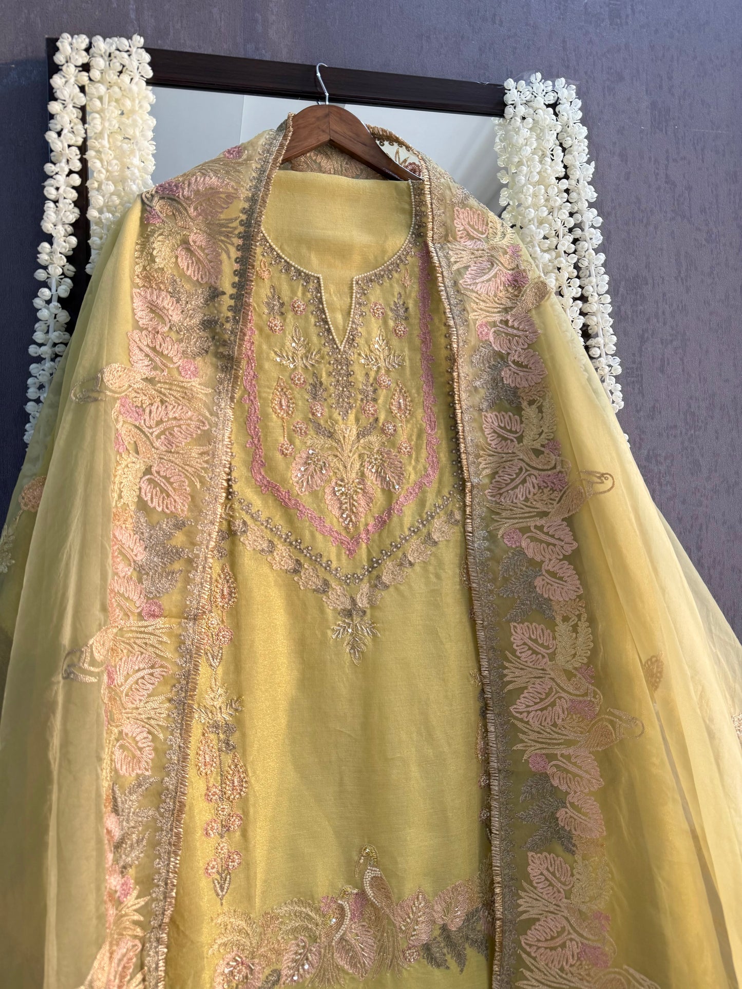 Premium tissue linen silk hand embroidered suit
