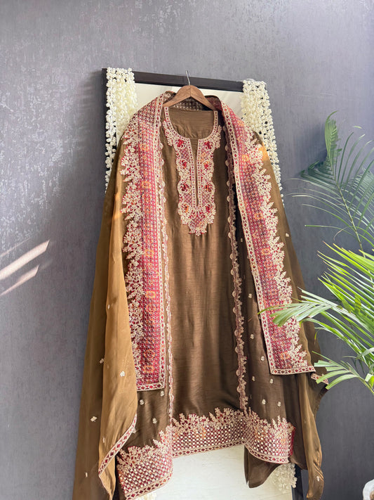 Luxurious raw silk aari work suit