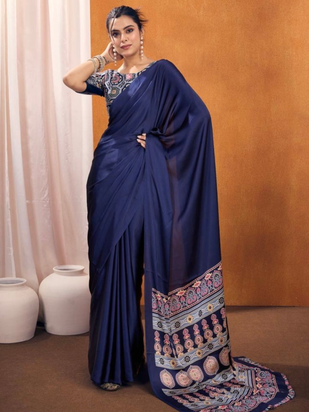 Satin crepe Ajrakh printed saree