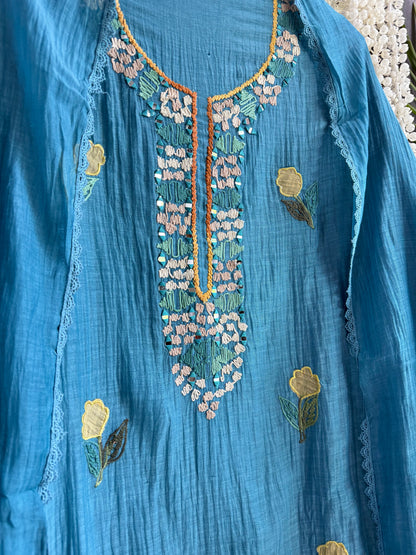 Luxurious Mul chanderi appliqué mirror work suit