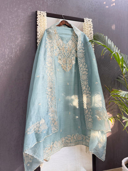Tussar tissue handwork aari  suit