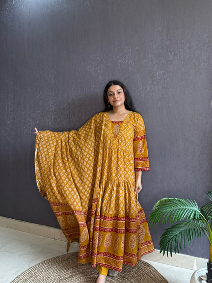 Pure cotton blockprinted tiered Anarkali