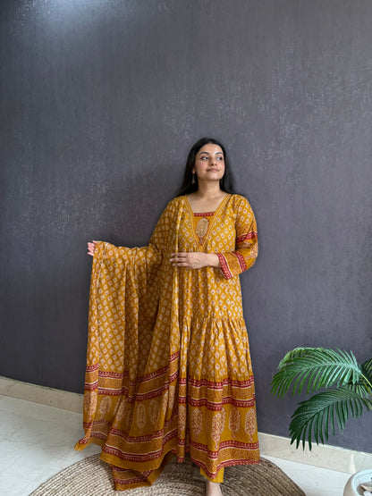 Pure cotton blockprinted tiered Anarkali