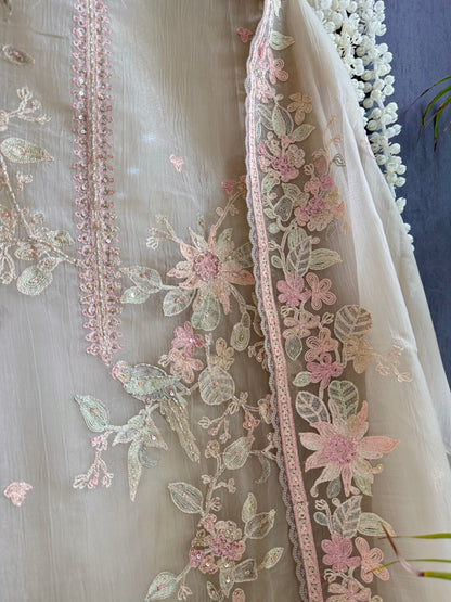 Crush tissue handwork birds and florals suit