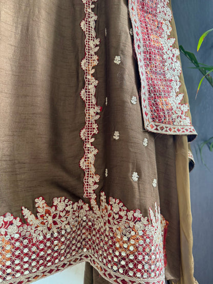 Luxurious raw silk aari work suit