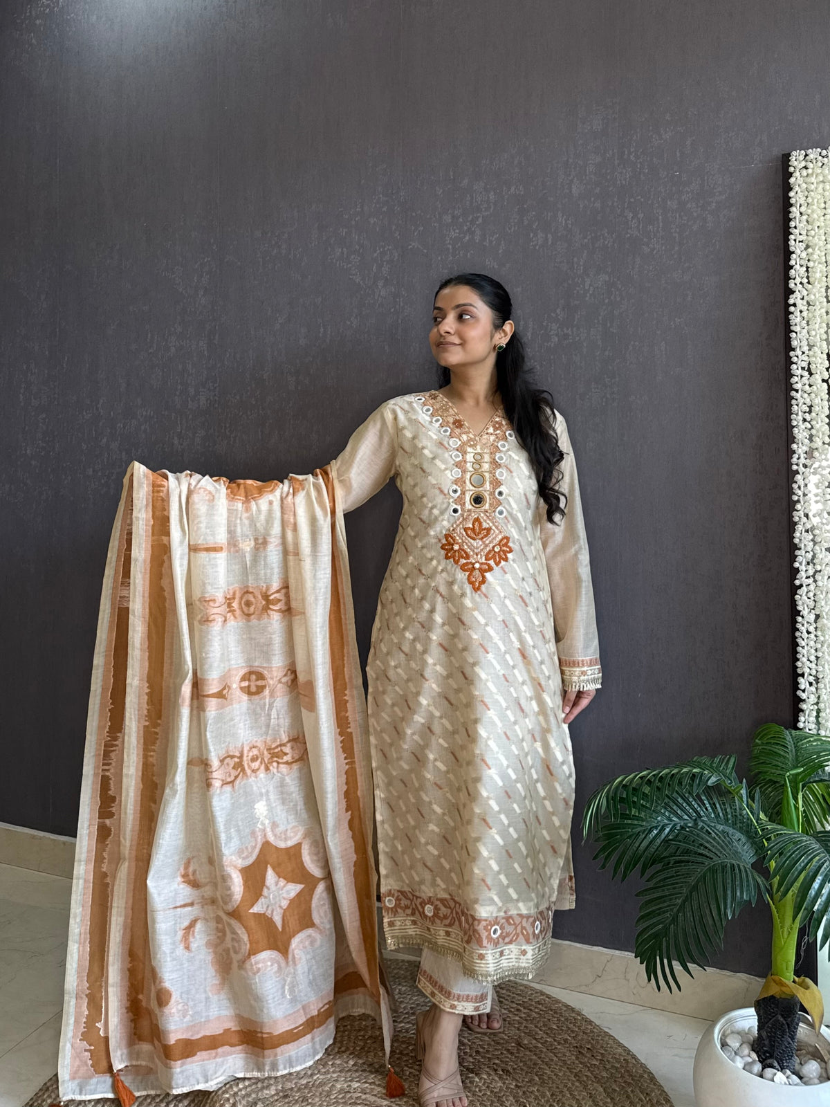 Chanderi Jamdani mirror handwork suit