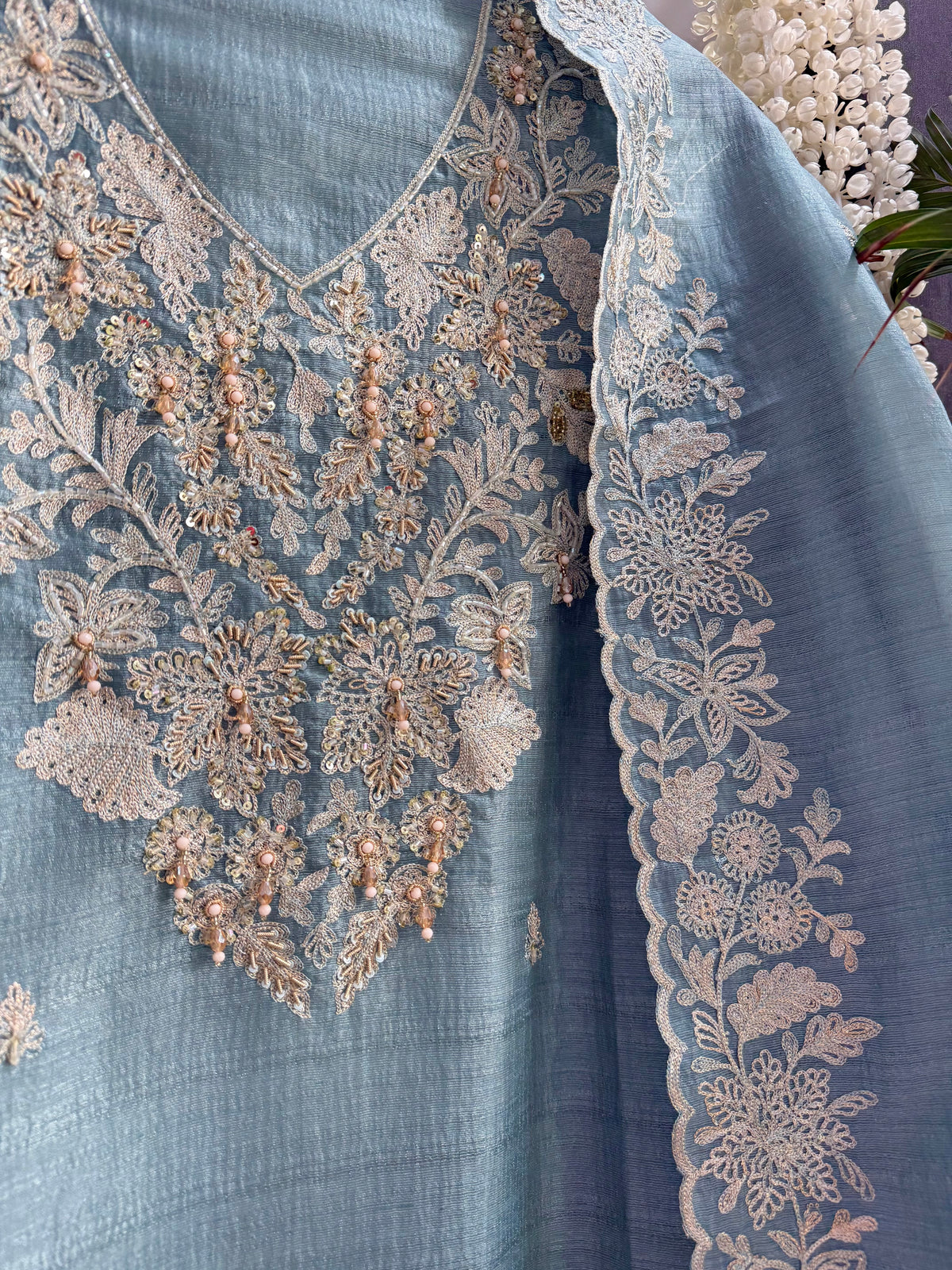 Tussar tissue handwork aari  suit