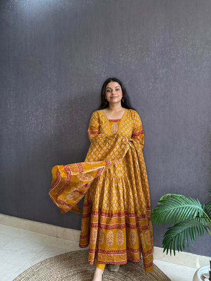 Pure cotton blockprinted tiered Anarkali