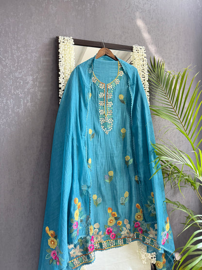 Luxurious Mul chanderi appliqué mirror work suit