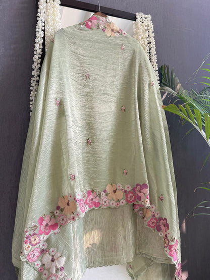 Luxurious Mul chanderi appliqué work floral suit
