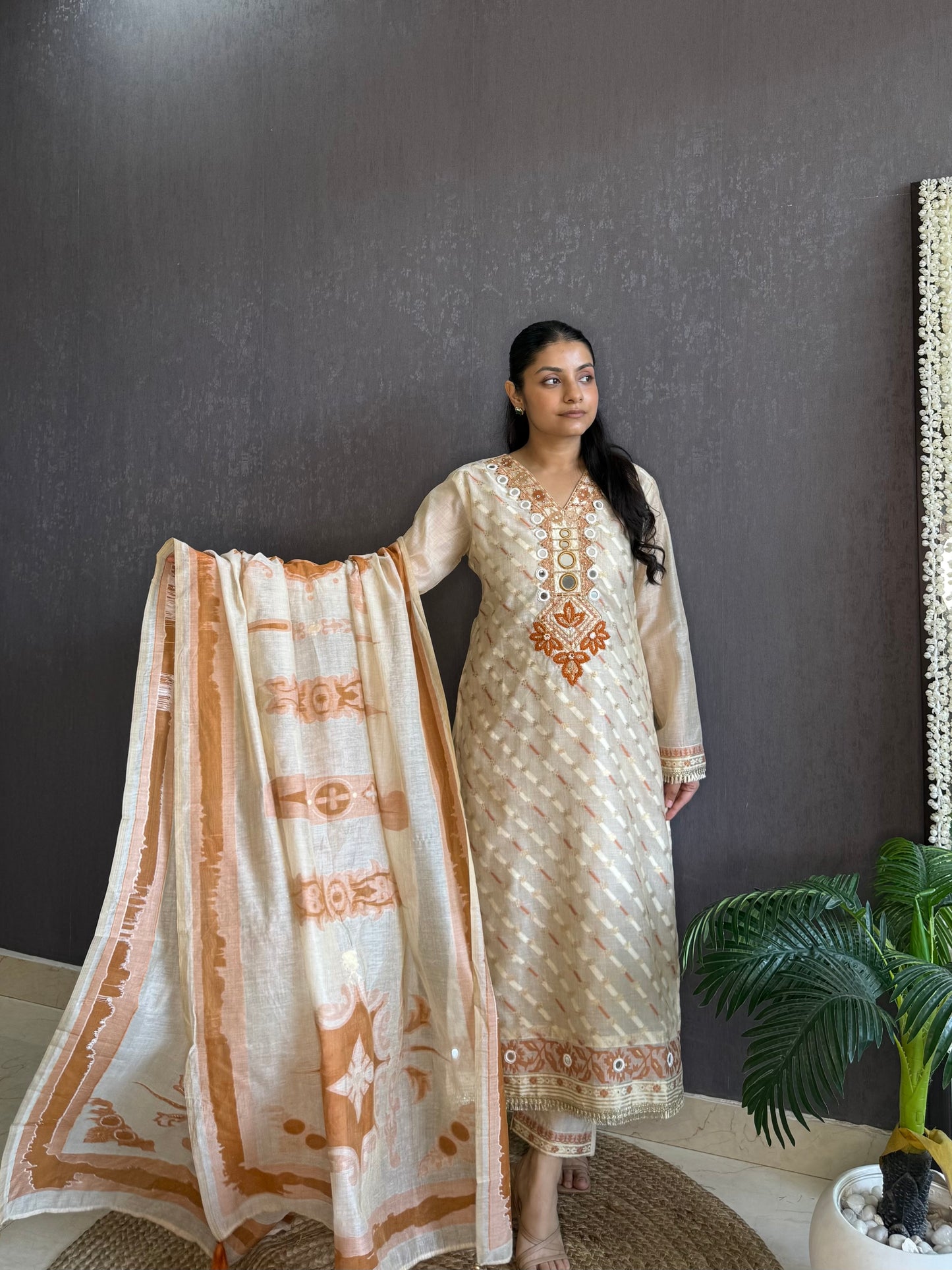 Chanderi Jamdani mirror handwork suit