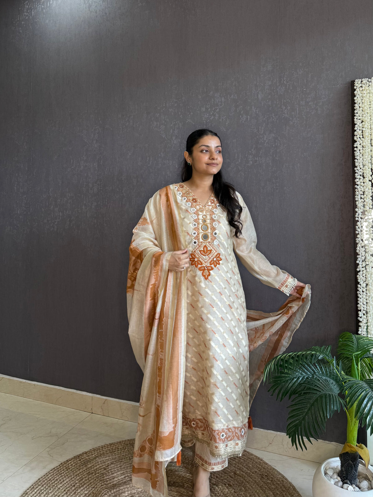 Chanderi Jamdani mirror handwork suit