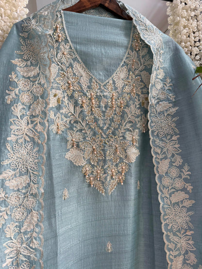 Tussar tissue handwork aari  suit