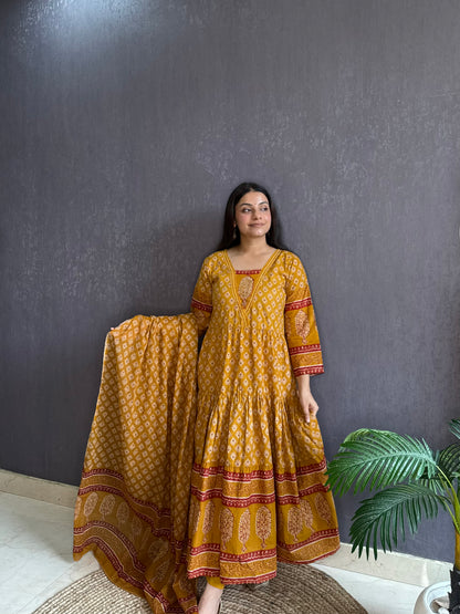 Pure cotton blockprinted tiered Anarkali