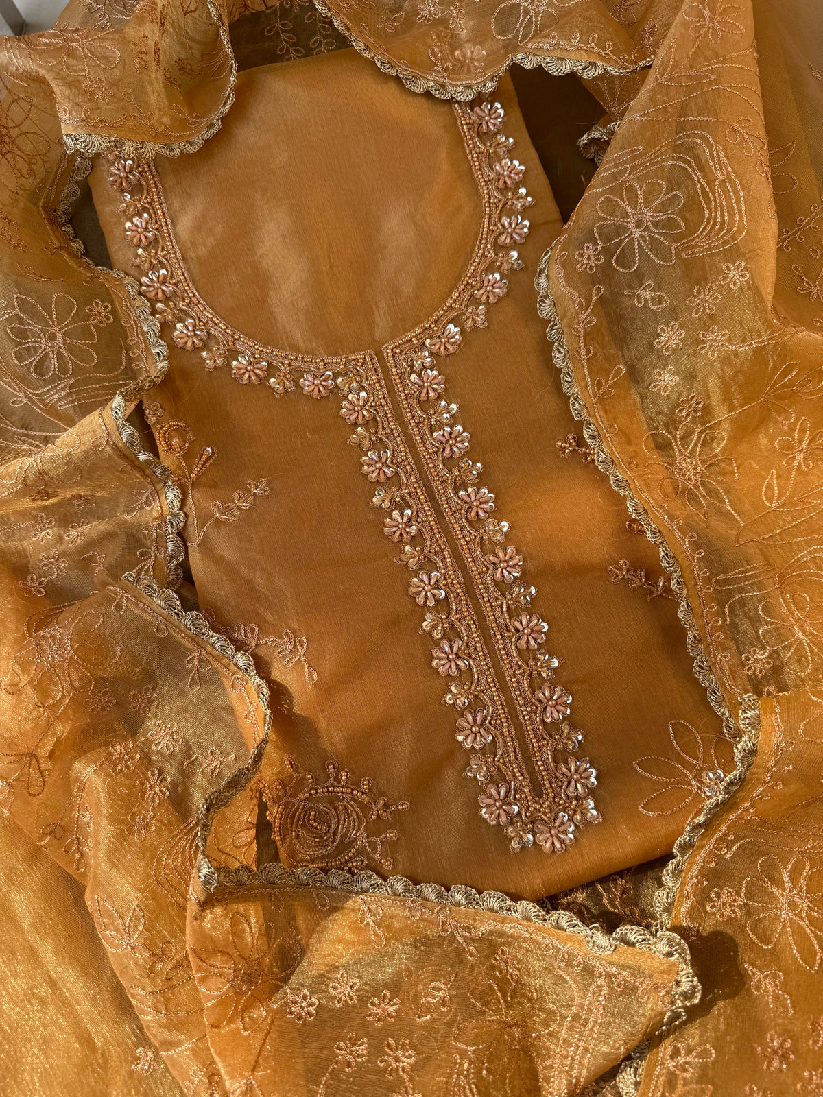 Premium tissue organza aari embroidered suit